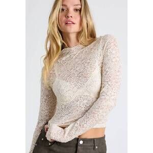 Lulus Elaura Cream Sheer Lace Sequin Long Sleeve Top